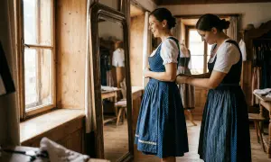 Eine Frau hilft einer anderen, ihr Dirndl zu schnüren. Sie stehen vor einem großen Spiegel in einem rustikalen Raum.