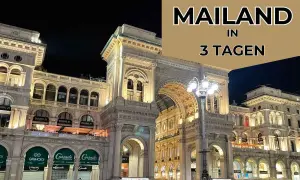 MAILAND in 3 TAGEN: Prachtvolle Architektur der Galleria Vittorio Emanuele II bei Nacht, beleuchtet und voller Leben.