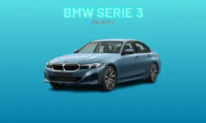 Sedán azul claro BMW Serie 3, un coche del segmento D, con el texto "BMW SERIE 3 SEGMENTO D" en la parte superior.