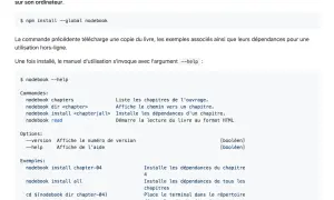 Commandes pour utiliser le module npm nodebook : installation, aide, et exemples d'utilisation.