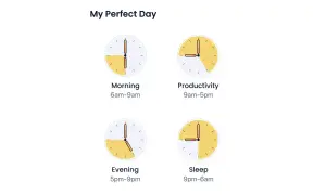 A "perfect day" schedule, showing time blocks for morning, productivity, evening, and sleep, illustrating a balanced sleep chronotype.