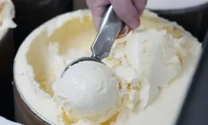 Eine Hand schöpft cremiges Vanilleeis aus einem großen Behälter. Die Eismaschine hat ganze Arbeit geleistet!