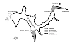 Karte der Versetalsperre im Sauerland mit Angelstrecken und Schonzeiten.