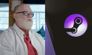 Gaben, twórca Steam, w białej koszuli i czerwonej koszulce, obok logo Steam.