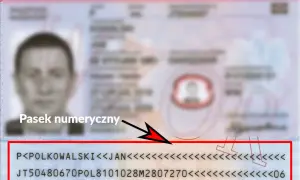 Pasek numeryczny dokumentu tożsamości, zawierający dane jak nazwisko, imię i numer paszportu, niezbędne do uzyskania wizy.