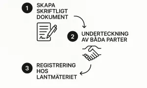 Steg för att upprätta ett gåvobrev pengar: 1. Skapa skriftligt dokument. 2. Underteckning av båda parter. 3. Registrering hos Lantmäteriet.