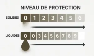Échelle de protection contre les solides (0-6) et les liquides (0-9). Le niveau IP 57 indique une protection contre la poussière et une immersion temporaire dans l'eau.