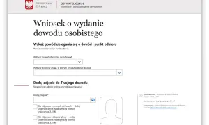 Formularz wniosku o wydanie dowodu osobistego. Wybierz powód, urząd odbioru i dodaj zdjęcie.