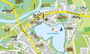 Międzychód atrakcje: Rynek, Jezioro Miejskie z żaglówkami, park z ptakiem, plaża i ścieżki rowerowe.