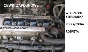 Budowa cewki zapłonowej: widok na silnik z zamontowanymi cewkami, śrubami mocującymi do głowicy, wtyczkami od sterownika, podłączonymi i rozpiętymi.
