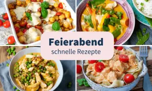 Vier leckere Abendessen Ideen: Gnocchi-Auflauf, Hähnchen-Curry, Hähnchen mit Erbsen und Pasta mit cremiger Soße. Perfekt für schnelle Rezepte nach Feierabend.
