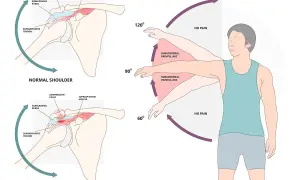 Schulter-Impingement-Syndrom: Schmerzhafter Bogen bei Armhebung zwischen 60° und 120°. Normale Schulter ohne Schmerz.