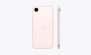Le dernier iPhone sorti, couleur rose pâle, vu de dos et de profil. Design épuré et logo Apple discret.