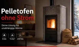 Moderner Pelletofen ohne Strom, ideal für unabhängige Wärme. Einbau leicht gemacht, mit Holz oder Pellets nutzbar. Gemütliche Atmosphäre im Winter.