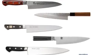 Różne rodzaje noży japońskich: santoku, gyuto, nakiri. Ostrza z damasceńskiej stali VG-10 i inne.