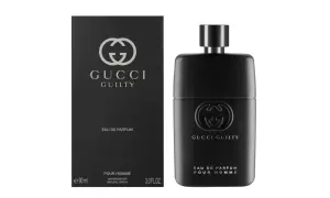 Czarny flakon i opakowanie Gucci Guilty Black dla mężczyzn, z wytłoczonym logo i napisem.