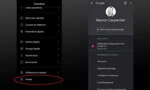 Paramètres du téléphone, avec une section dédiée aux paramètres des applis Google. L'écran de droite montre le compte Google de Manon Carpentier.