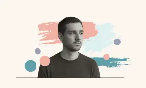 Mężczyzna wpatrzony w dal, otoczony abstrakcyjnymi pociągnięciami pędzla i kółkami. Jego spojrzenie sugeruje głębokie emocje samoświadomościowe.