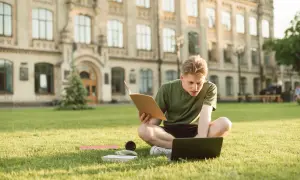 Joven estudiando en el césped frente a un edificio histórico, con un libro y portátil. Un momento de aprendizaje y **intercambio cultural** en un entorno inspirador.