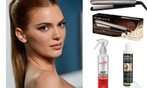 Modelka z niskim kucykiem i kosmetyki do stylizacji włosów: prostownica, spray i pianka.