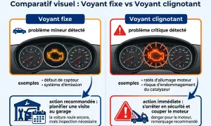 Tableau comparatif : voyant moteur fixe (problème mineur) vs voyant moteur qui clignote (problème critique). Action immédiate recommandée si le voyant clignote.