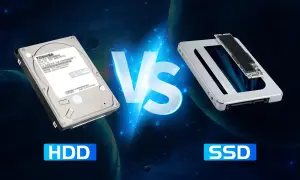 Comparación visual entre un disco duro tradicional (HDD) y una unidad de estado sólido (SSD), mostrando sus diferencias en diseño y tecnología de almacenamiento.