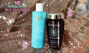 Dwa szampony bez silikonów: Moroccanoil Volume i Kérastase Aura Botanica. Idealne dla włosów potrzebujących delikatnej pielęgnacji.
