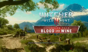 Witcher 3: Blood and Wine. Drei Reiter auf einem Feldweg, im Hintergrund ein Windrad und Berge.