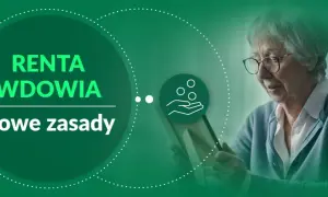 Starsza pani z okularami przegląda dokumenty. Na ekranie widnieje napis "Renta wdowia. Nowe zasady". To ważne informacje o emeryturze 2025.
