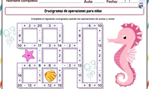 Un crucigrama de sumas y restas para niños, con un caballito de mar rosa y elementos marinos.
