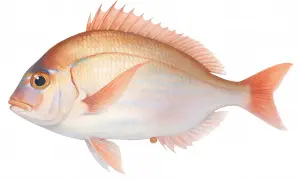 Une dorade rose aux reflets cuivrés, nageant paisiblement. Ses écailles délicates et ses nageoires rosées captivent le regard.