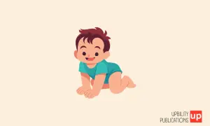 Un bimbo sorridente gattona, pronto a giocare. Un'immagine che ricorda quanto i bambini vogliano sempre giocare con la mamma.