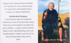 Św. Peregryn, patron chorych i cierpiących, z laską pielgrzyma i krzyżem. Jego przykład inspiruje do pokory i cierpliwości w chorobie.