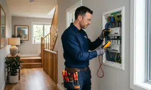 Elettricista controlla quadro elettrico, utile per capire come fare impianto elettrico casa.