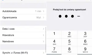 Ekran iPhone'a z ustawieniami: "Ograniczenia" włączone, prośba o podanie kodu do zmiany ograniczeń. Kontrola rodzicielska iPhone w akcji.