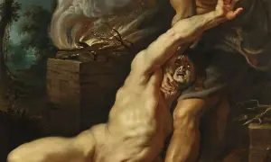 Kain w akcie zemsty dusi swojego brata Abla. W tle płonie ołtarz.