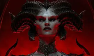 Lilith, z rogami i demonicznym obliczem, zapowiada nowy sezon Diablo 4. Czerwone tło podkreśla jej mroczną aurę.