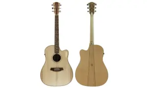 Akustyczna gitara z jasnego drewna, idealna do grania najpopularniejsze szanty tekst. Widok z przodu i z tyłu.
