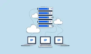 Serwery i chmury łączą się z laptopami z etykietą IP. To ilustracja pokazująca, dhcp co to jest i jak działa w sieci.