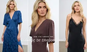 Trzy stylizacje na kolację ze znajomymi: niebieska sukienka w kwiaty, brązowa sukienka kopertowa i czarna sukienka bieliźniana.