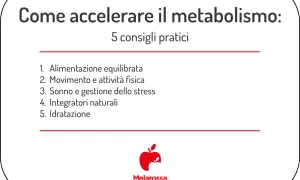 Come accelerare il metabolismo con 5 consigli pratici: alimentazione, movimento, sonno, integratori e idratazione. Logo Melarossa.