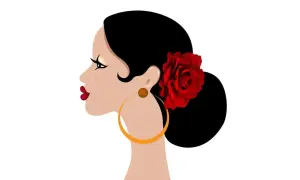 Perfil de mujer con moño flamenco, rosa roja y pendientes grandes.