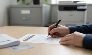 Dłoń pisząca długopisem na formularzu "APPLICATION" obok sterty dokumentów i dowodu tożsamości.