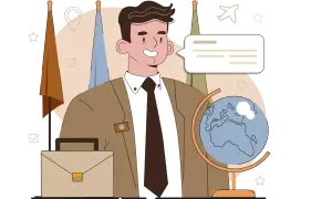 Un uomo sorridente con una valigetta e un globo, che mostra chi è un diplomatico.