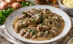 Délicieux rognon de veau en sauce crémeuse aux champignons, garni de persil frais. Un plat réconfortant.