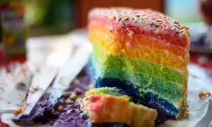 Ein Stück bunter regenbogen kuchen mit Streuseln, das auf einem Teller liegt. Daneben liegen zerbröselte Kuchenreste und ein Messer.
