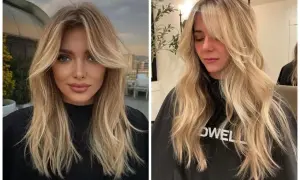 Dwie kobiety z blond włosami i stylowymi curtain bangs, które podkreślają ich rysy twarzy.