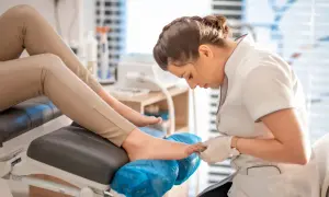 Profesjonalny pedicure co to? Kosmetyczka wykonuje zabieg pielęgnacji stóp, dbając o ich piękny wygląd.