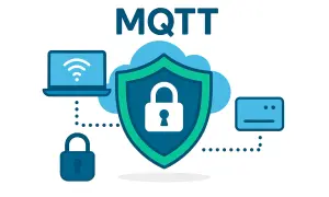Bezpieczny broker MQTT chroni dane z laptopa i urządzenia IoT za pomocą ikony kłódki i tarczy.