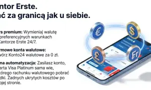 Smartfon z aplikacją bankową Erste i monetami z symbolami euro, dolara, funta i franka szwajcarskiego.